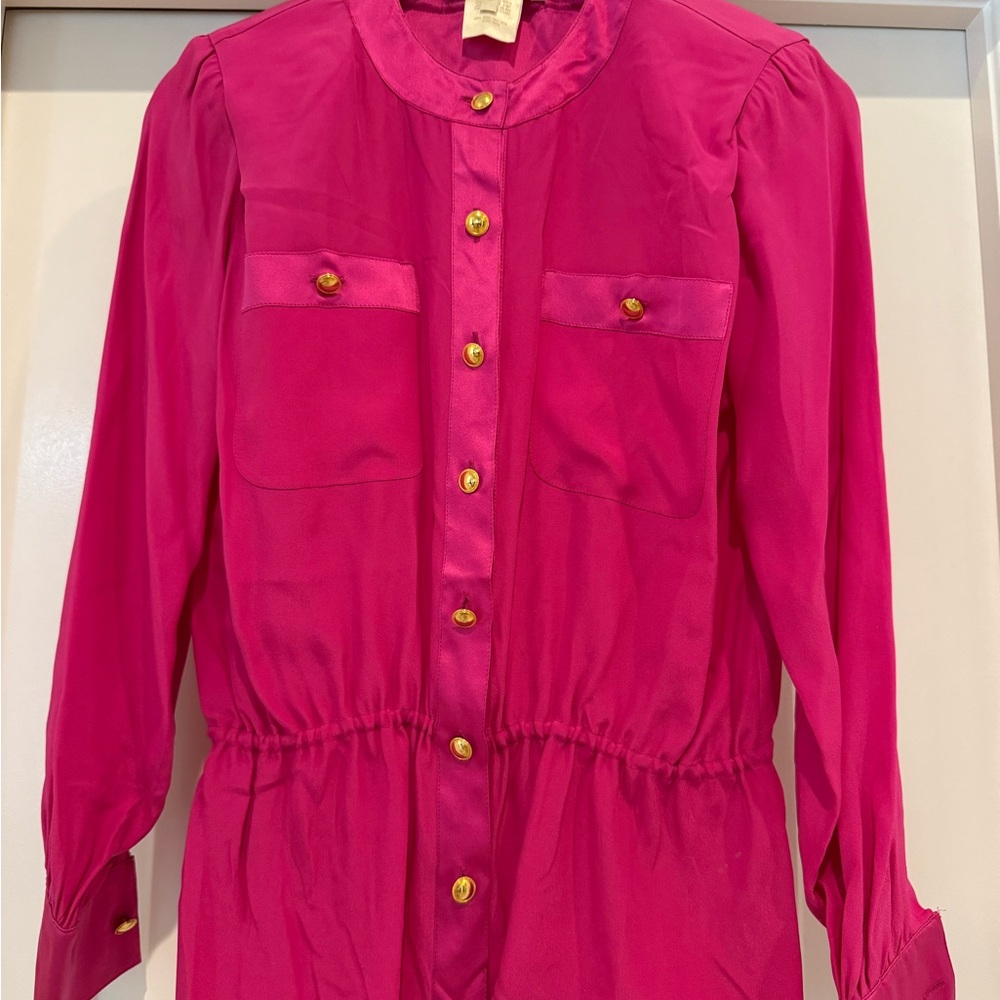 Escada Fuchsia Silk Blouse with Gold Buttons